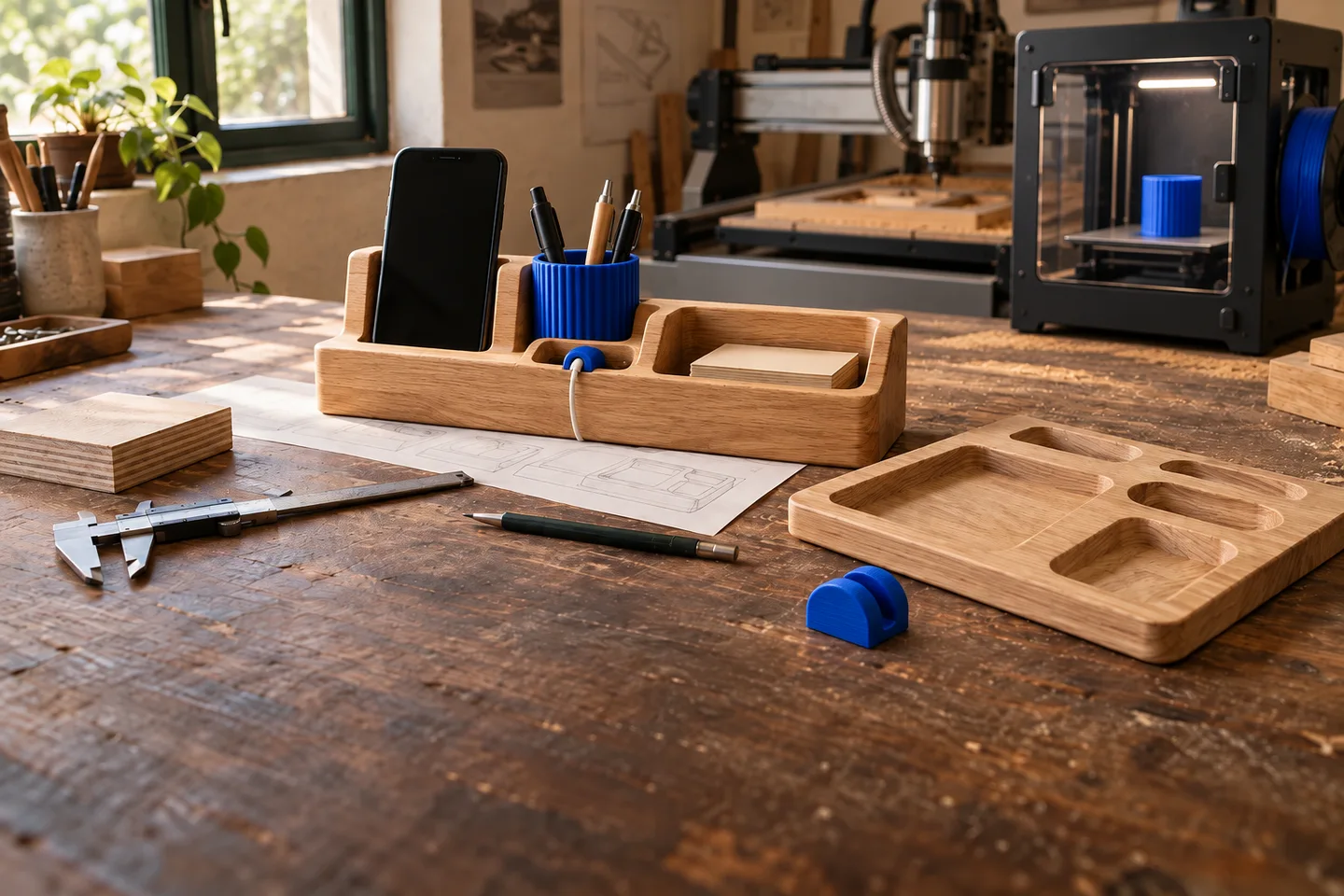 Concepto de organizador de escritorio en madera fresada CNC con accesorios azules impresos en 3D, junto a ambos equipos de fabricación