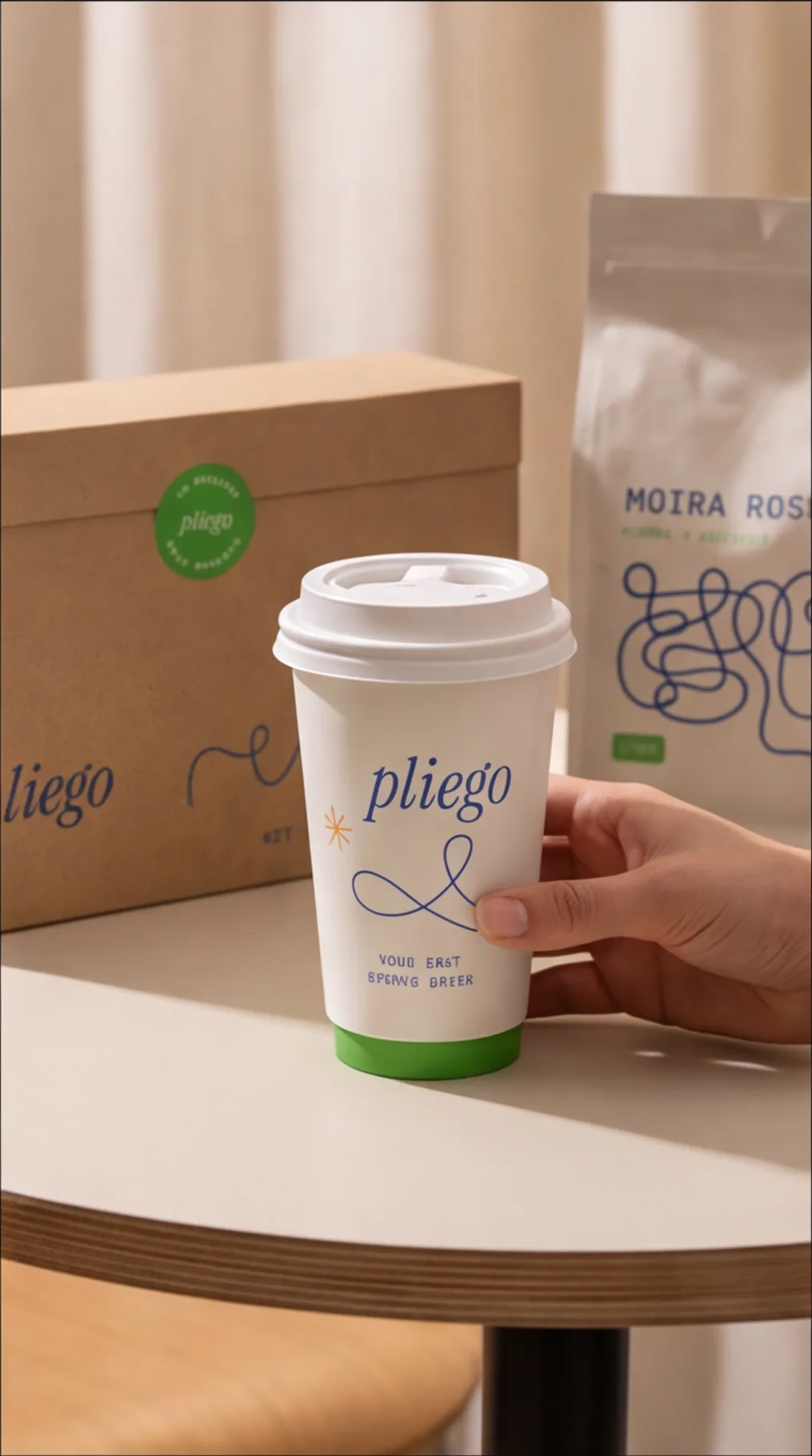Vista de packaging personalizable con caja, bolsa, sticker y tarjeta